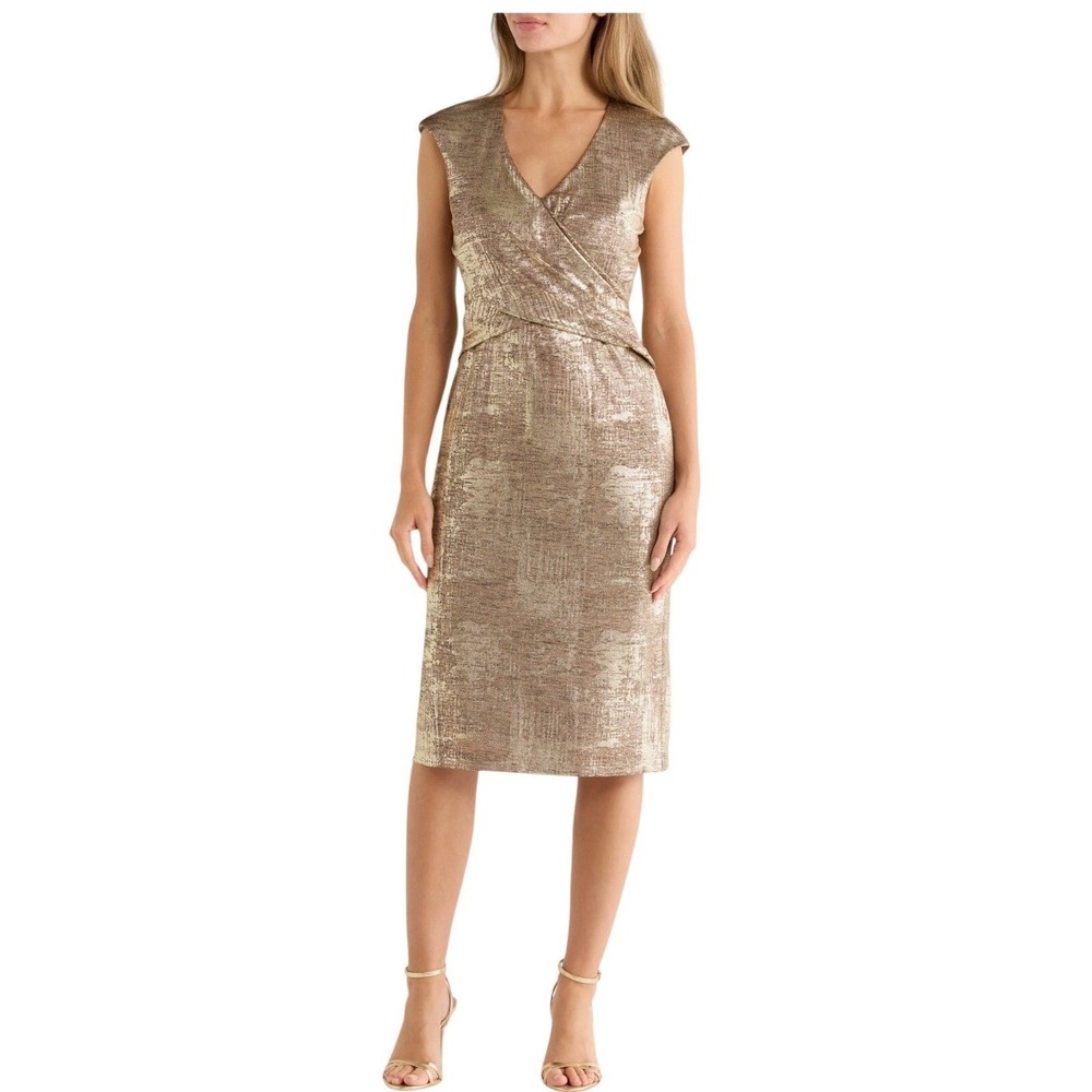 Connected Apparel NEW Womens Gold Metallic Faux Wrap Cocktail Sheath Dress 16